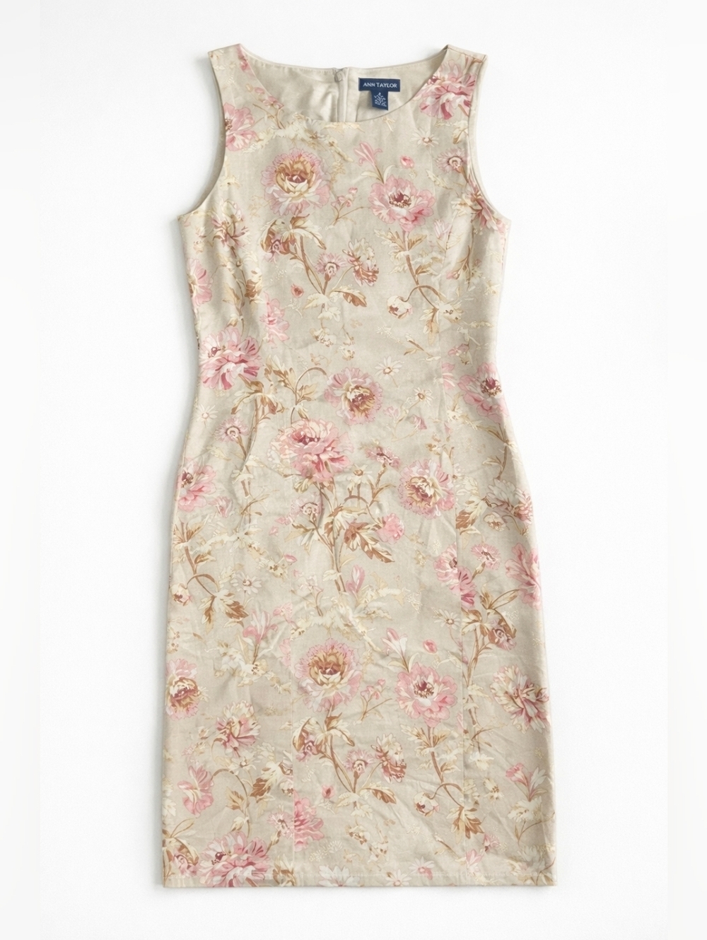 Ann Taylor linen floral sheath dress beige neutral wedding guest sleeveless sz 4
